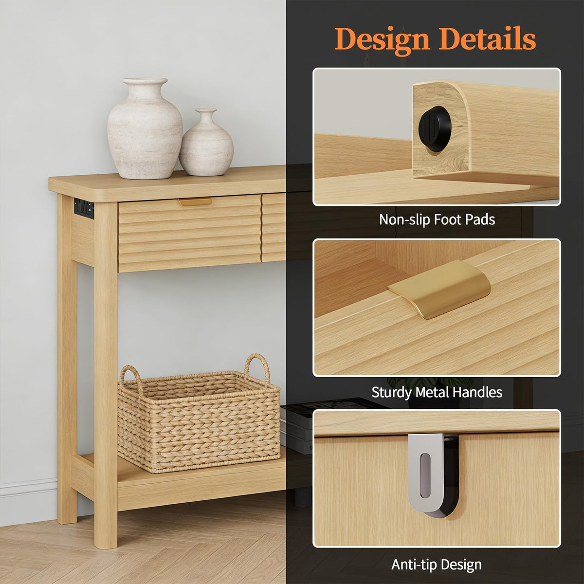 47.2" Narrow Console Table with 3 Drawers & Charging Station, Oak S7400