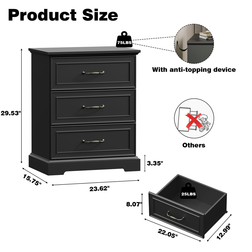 Black 3 Drawer Wood Dresser E387037