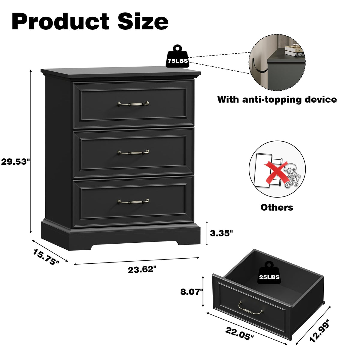 Black 3 Drawer Wood Dresser E387037