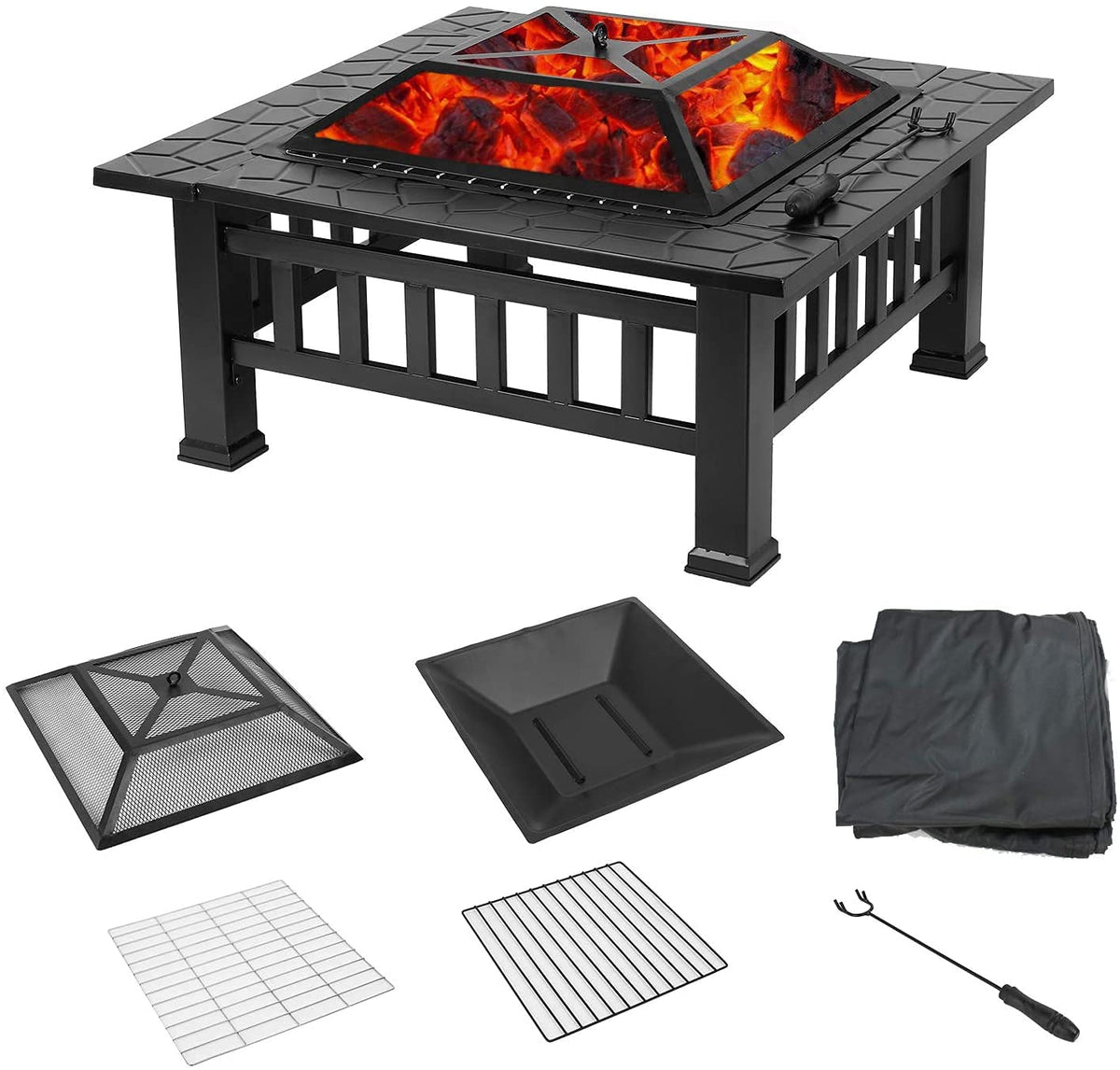 32'' Wood Burning Square Fire Pit with Grill Grate P370176