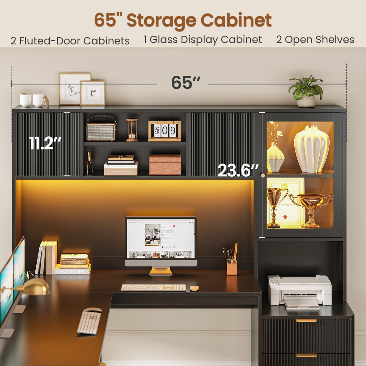 67" L Shaped Desk with Hutch and Power Outlets, Black M205374