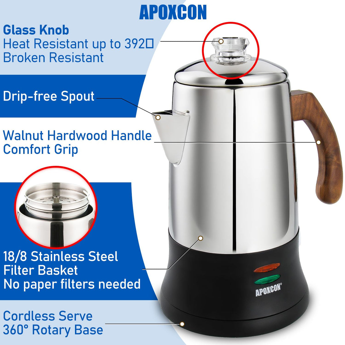 6 Cup Stainless Steel Electric Coffee Percolator A989
