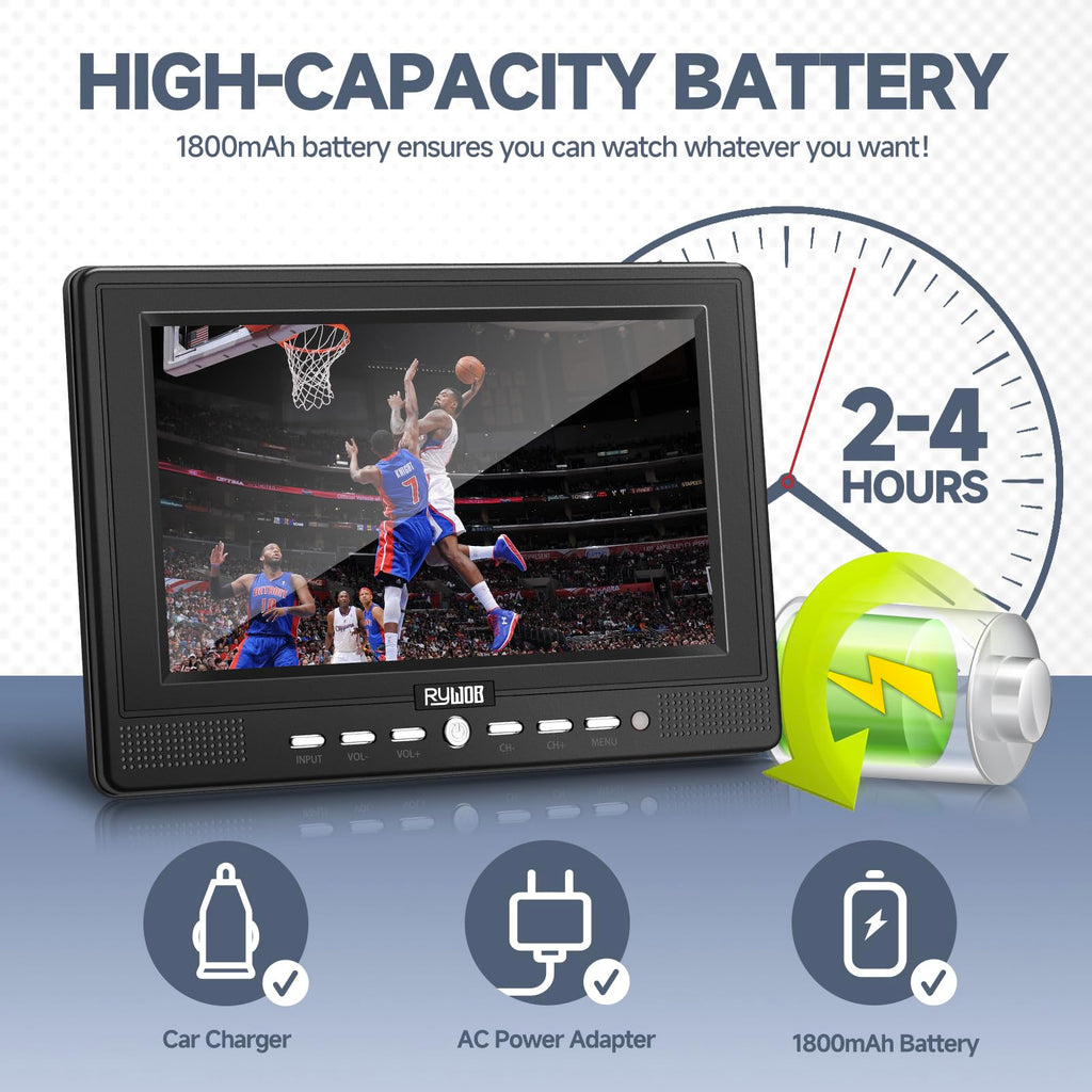 7” Portable TV with Antenna, Rechargeable Battery with Stand Q74614
