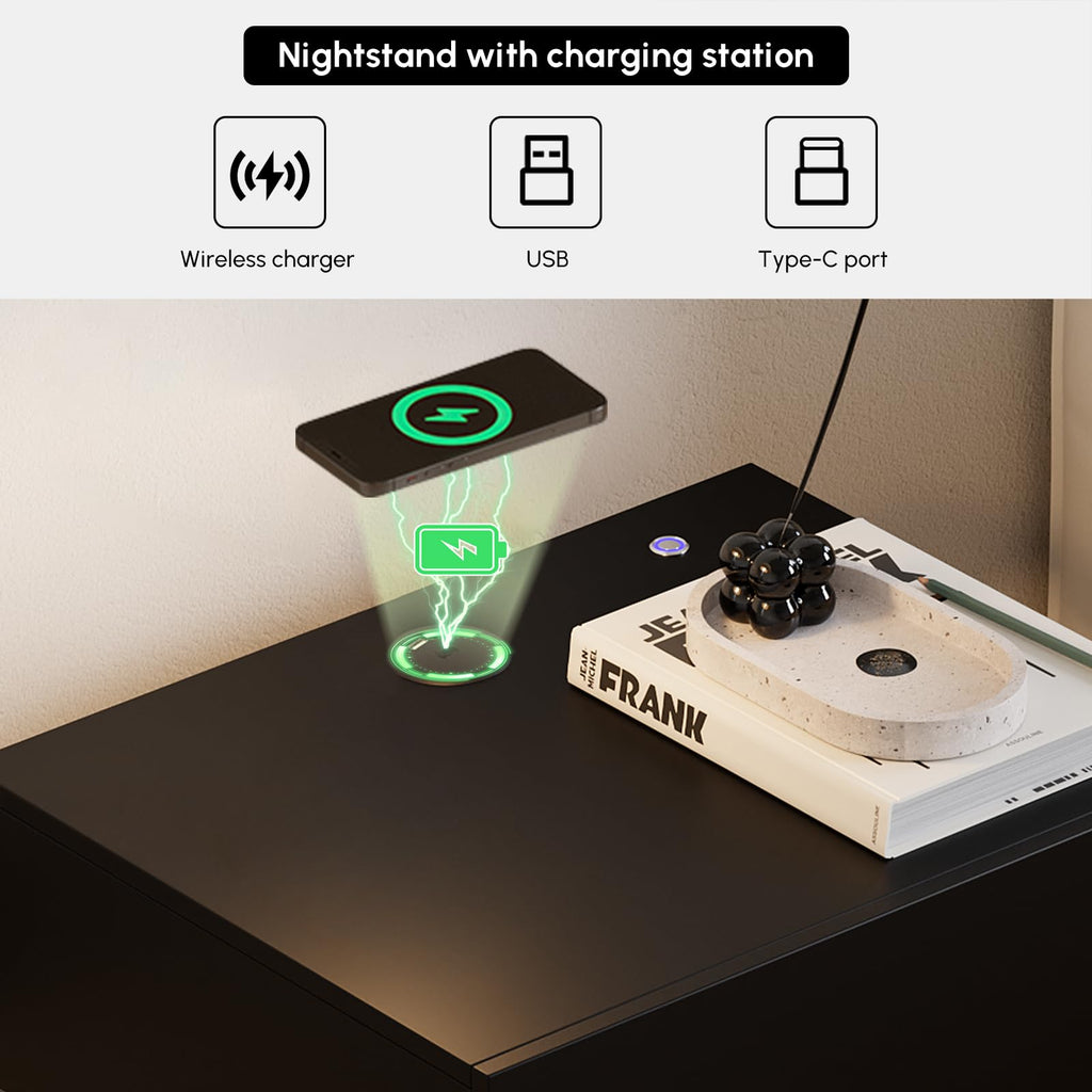 Black Set of 2 Nightstand with Wireless Charging and 3 Drawers X749465