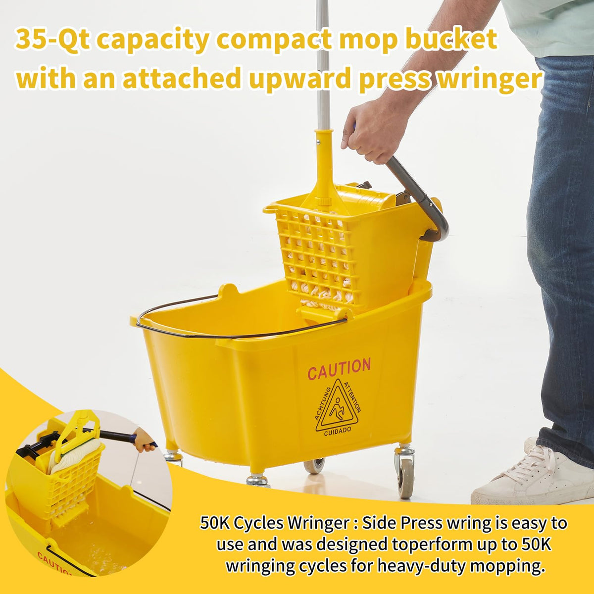 Commercial Mop Bucket with Wringer on Wheels, 35 Quart, Yellow Z866