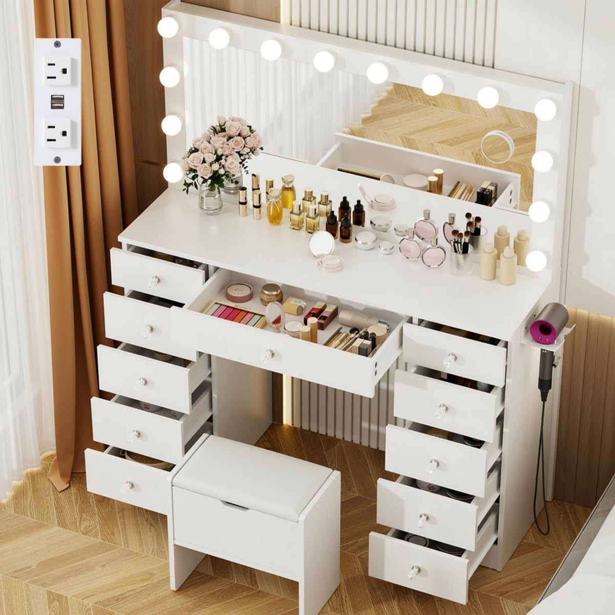 46" Vanity with Lighted Mirror and 11 Drawers R983379
