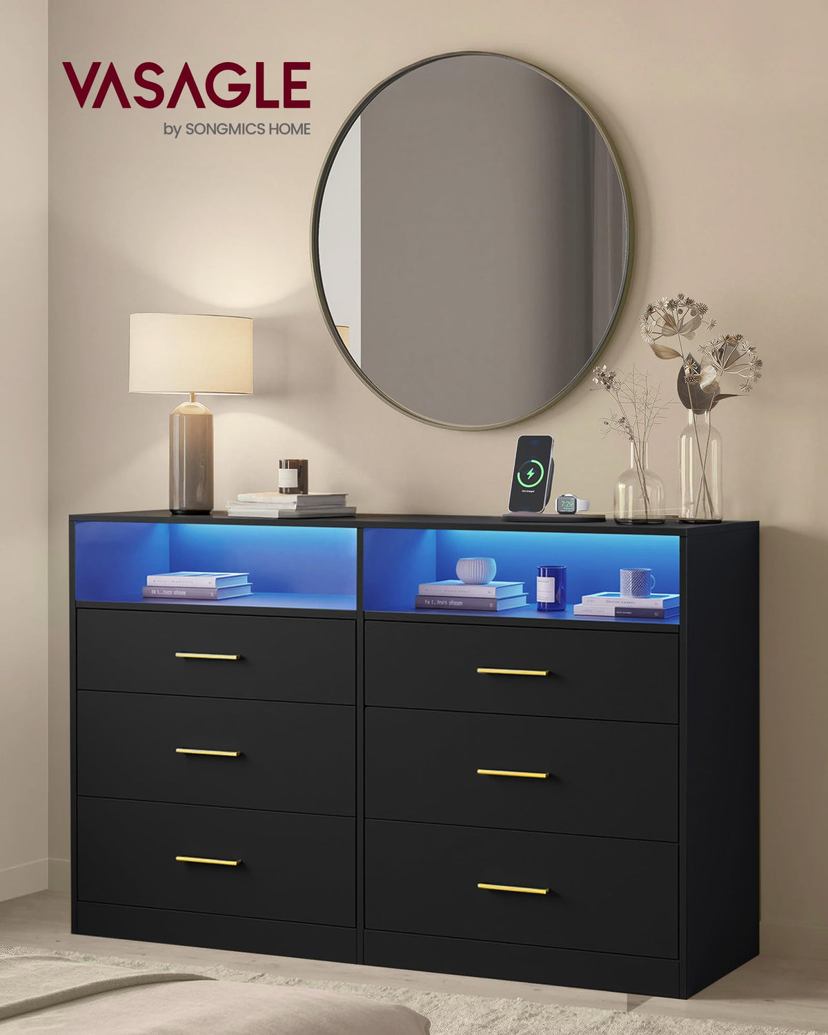 6 Drawer Dresser with LED Lights and Power Strip J252