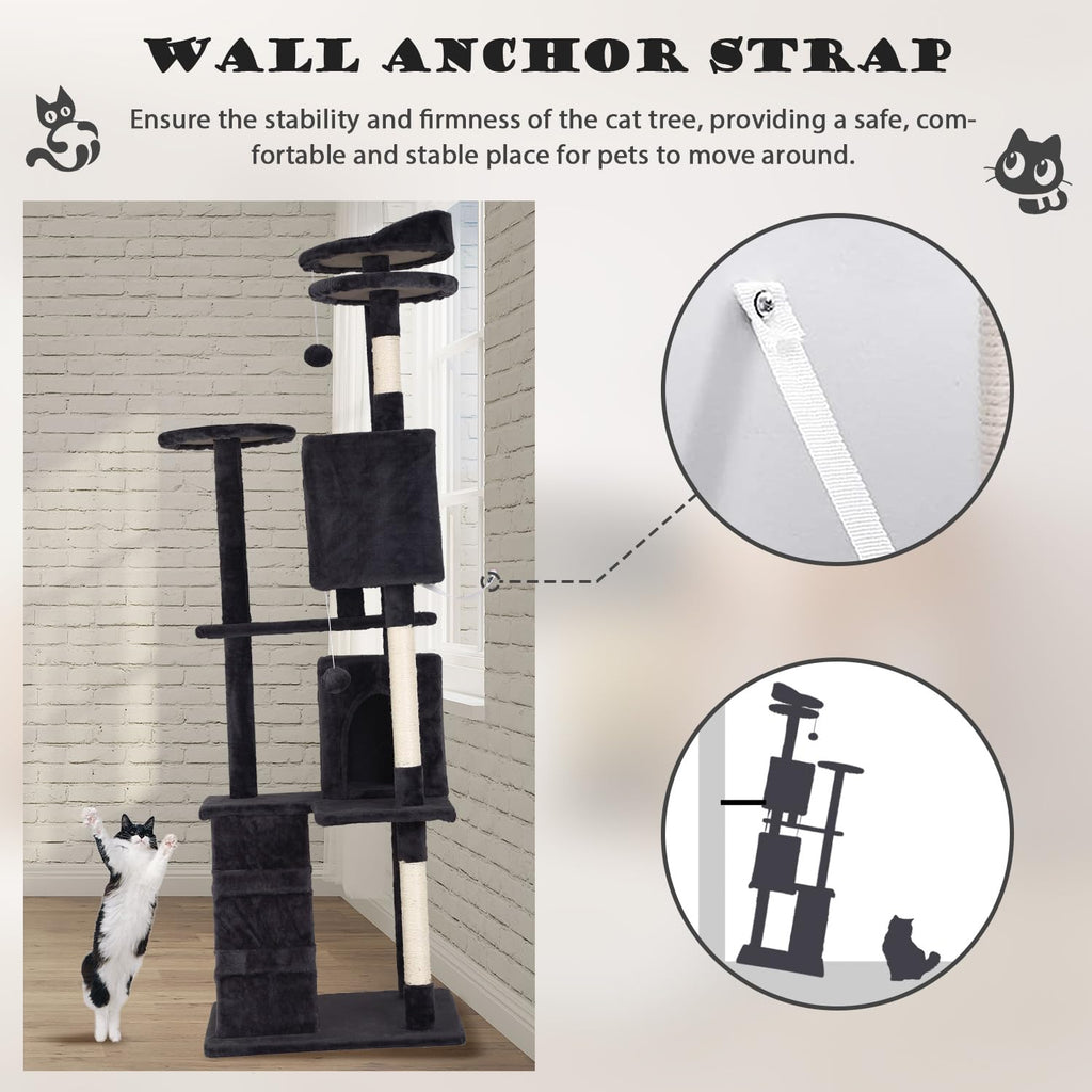 70" Dark Grey Cat Tree Tower with Scratching Post and Bed L465