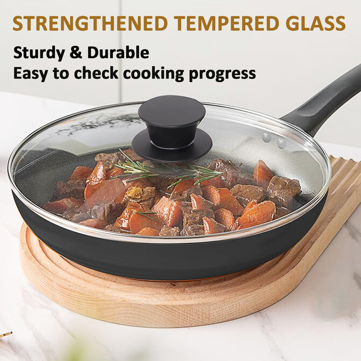 Round Tempered Glass Lid Set with Black Handle, 3 Pieces Q789618