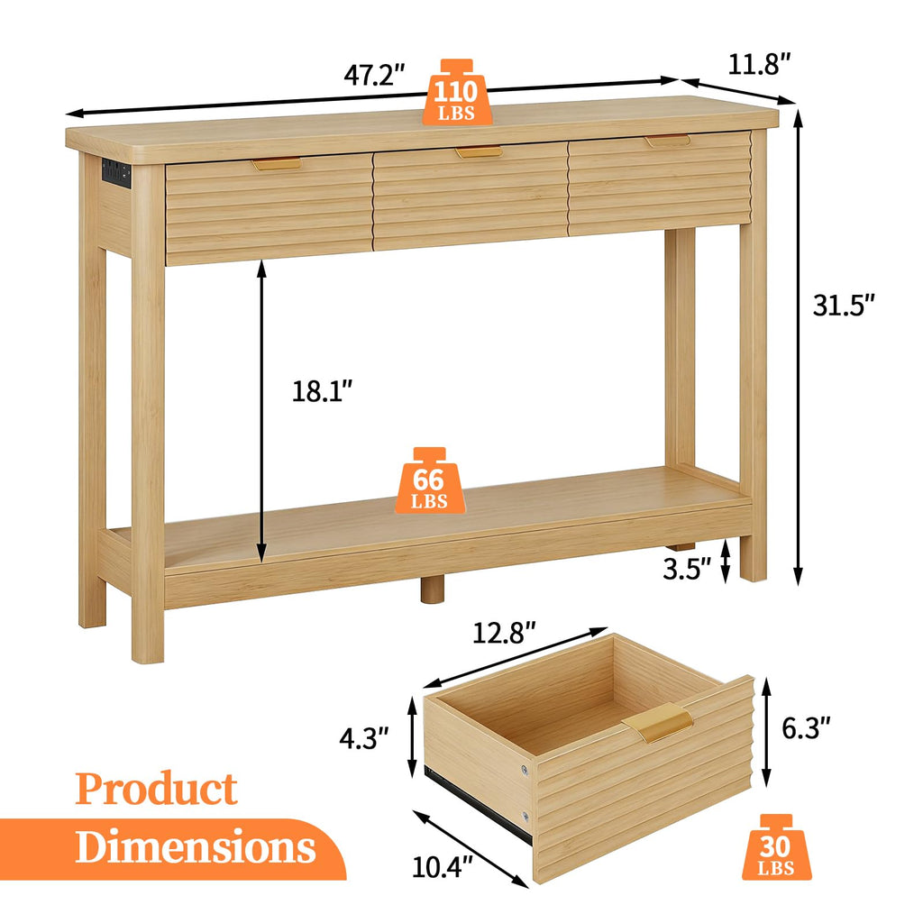 47.2" Narrow Console Table with 3 Drawers & Charging Station, Oak S7400