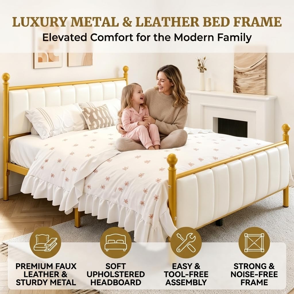 Gold Full Size Bed Frame with Headboard and Under Bed Storage E141