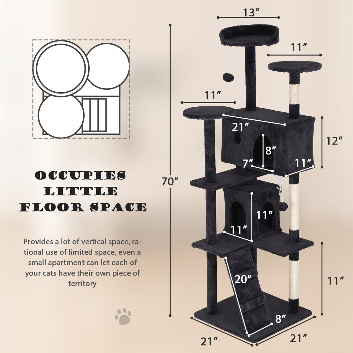 70" Dark Grey Cat Tree Tower with Scratching Post and Bed L465