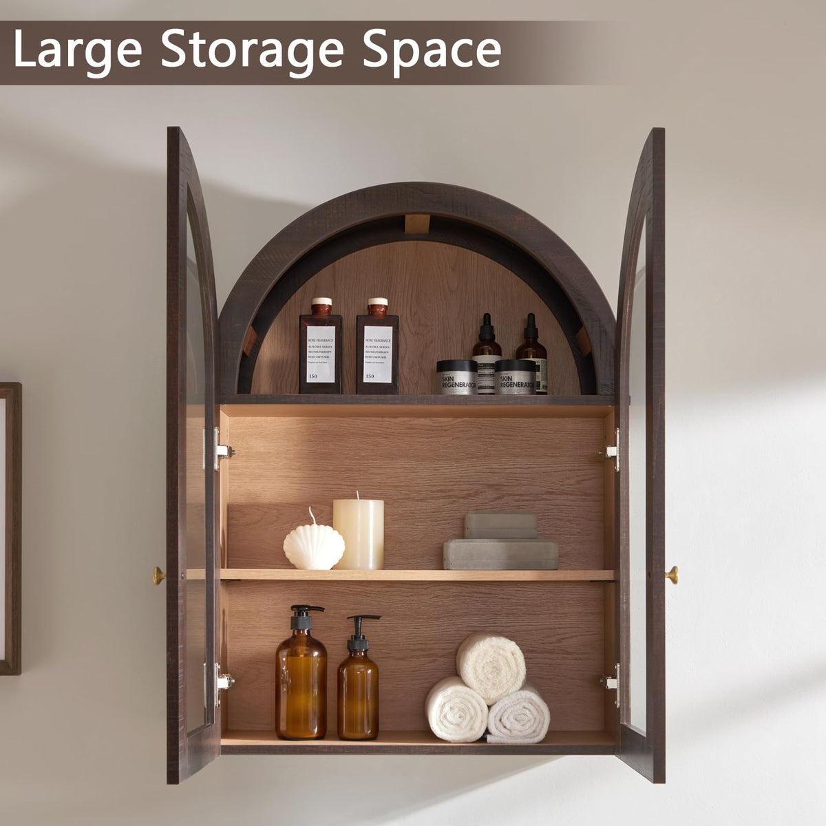 Arched Wall Cabinet with Glass Doors & Adjustable Shelves, 23.5×31.4 Inch N1744