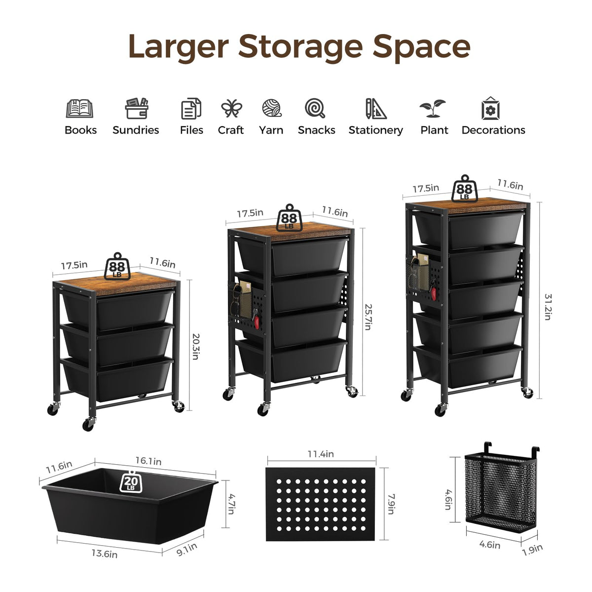 3 Drawer Rolling Cart with Lockable Wheels and Wooden Tabletop M783