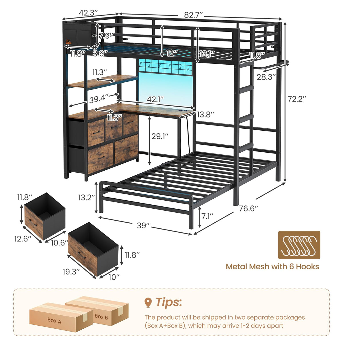 Twin XL Over Twin Bunk Bed with Desk and 5 Storage Drawers O59133