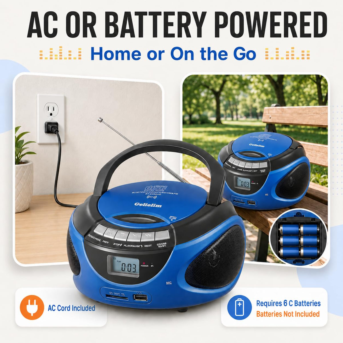 Portable CD Player with Bluetooth AM FM Stereo Radio Blue L413