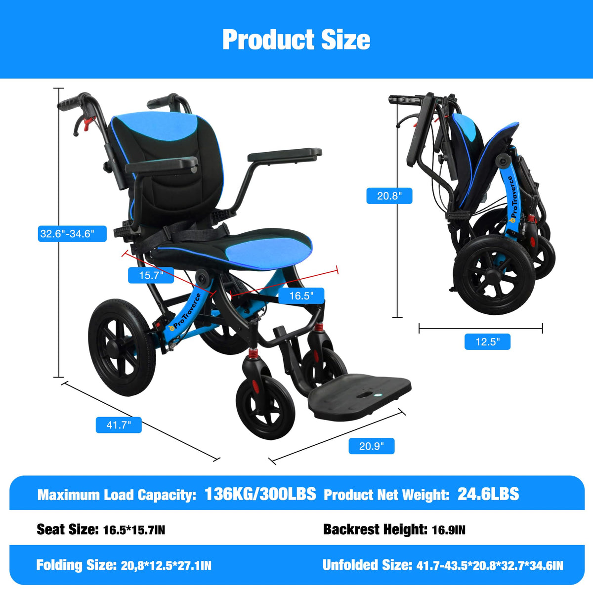 Lightweight Foldable Transport Wheelchair with Telescopic Handle, 16-Inch Seat, Blue M7472