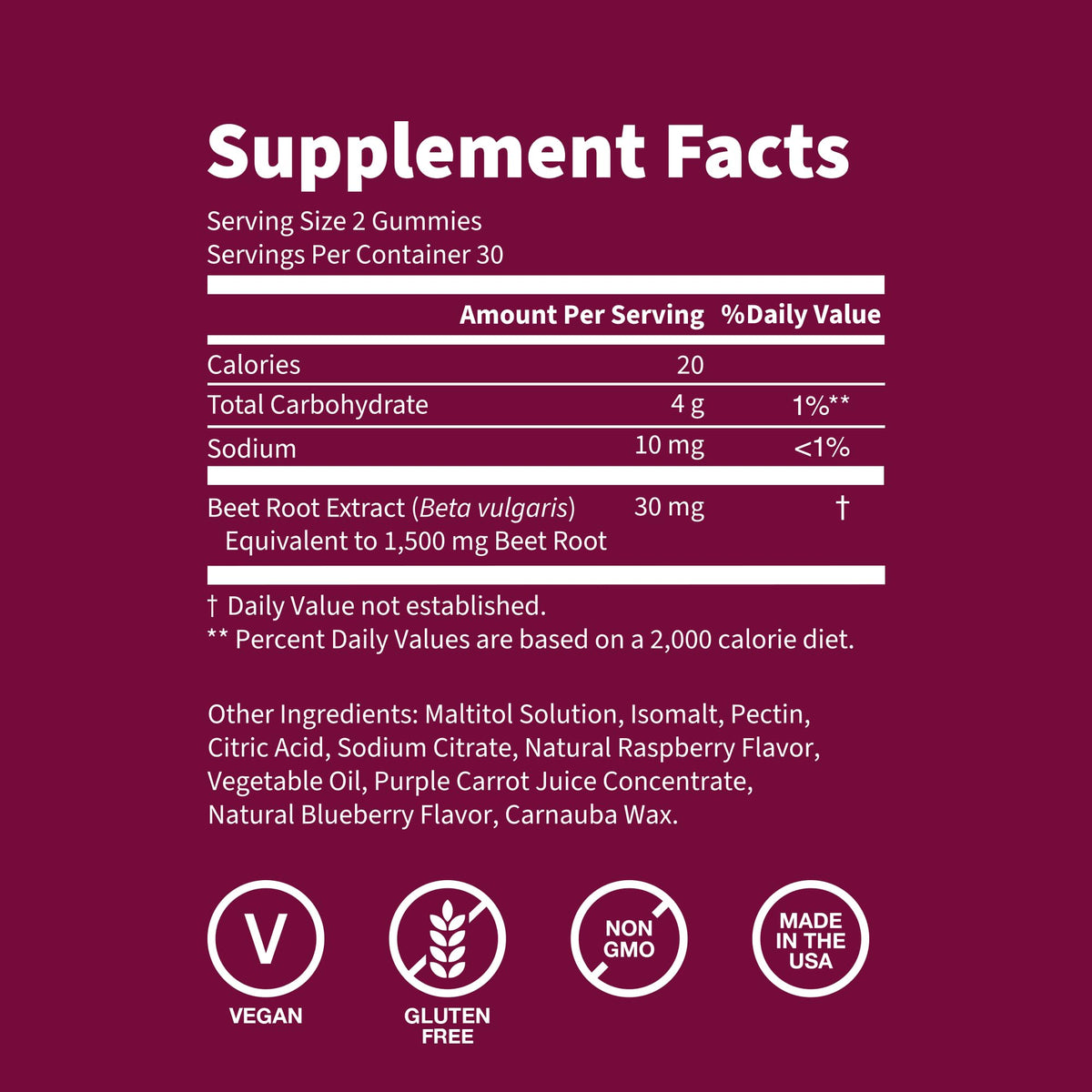 Sugar Free 1500 Mg Blueberry Flavor Beet Root Gummies 60 Ct J676