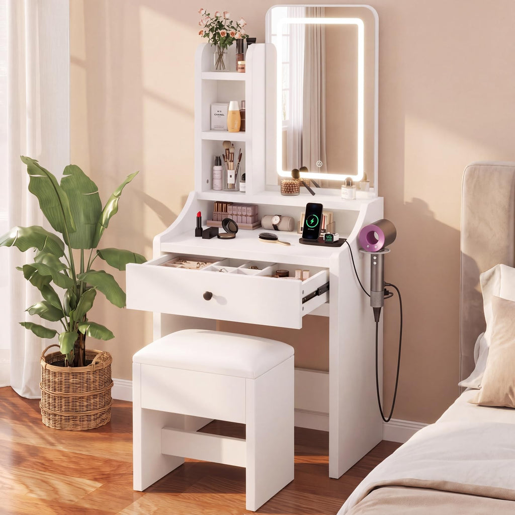 Small Makeup Vanity Desk with Mirror and LED Lights W619