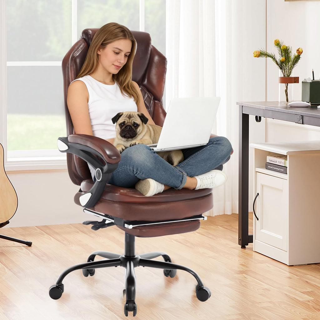 Brown Leather Reclining Office Desk Chair with Foot Rest K13890
