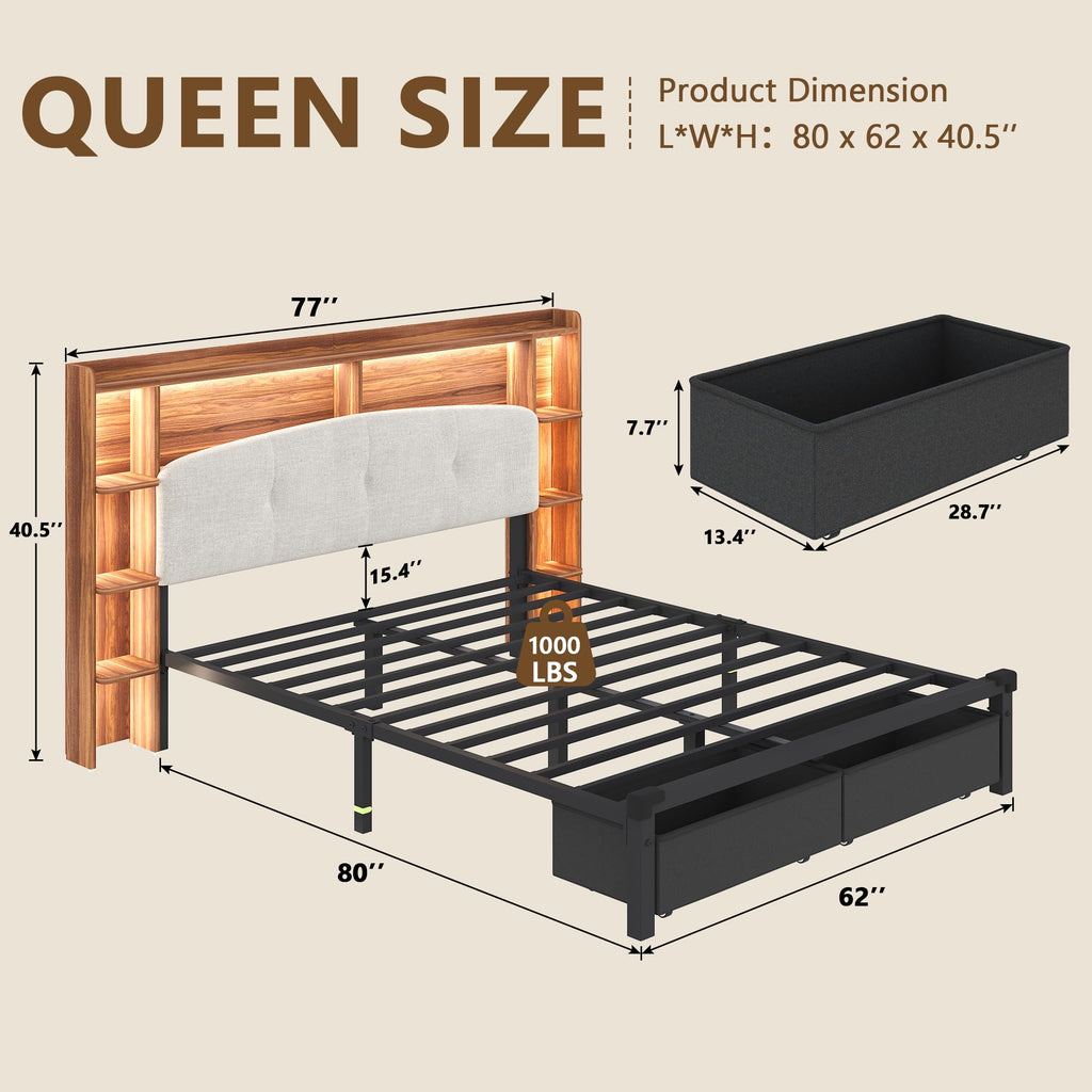 Queen Size Storage Bed Frame with Upholstered Headboard J8011