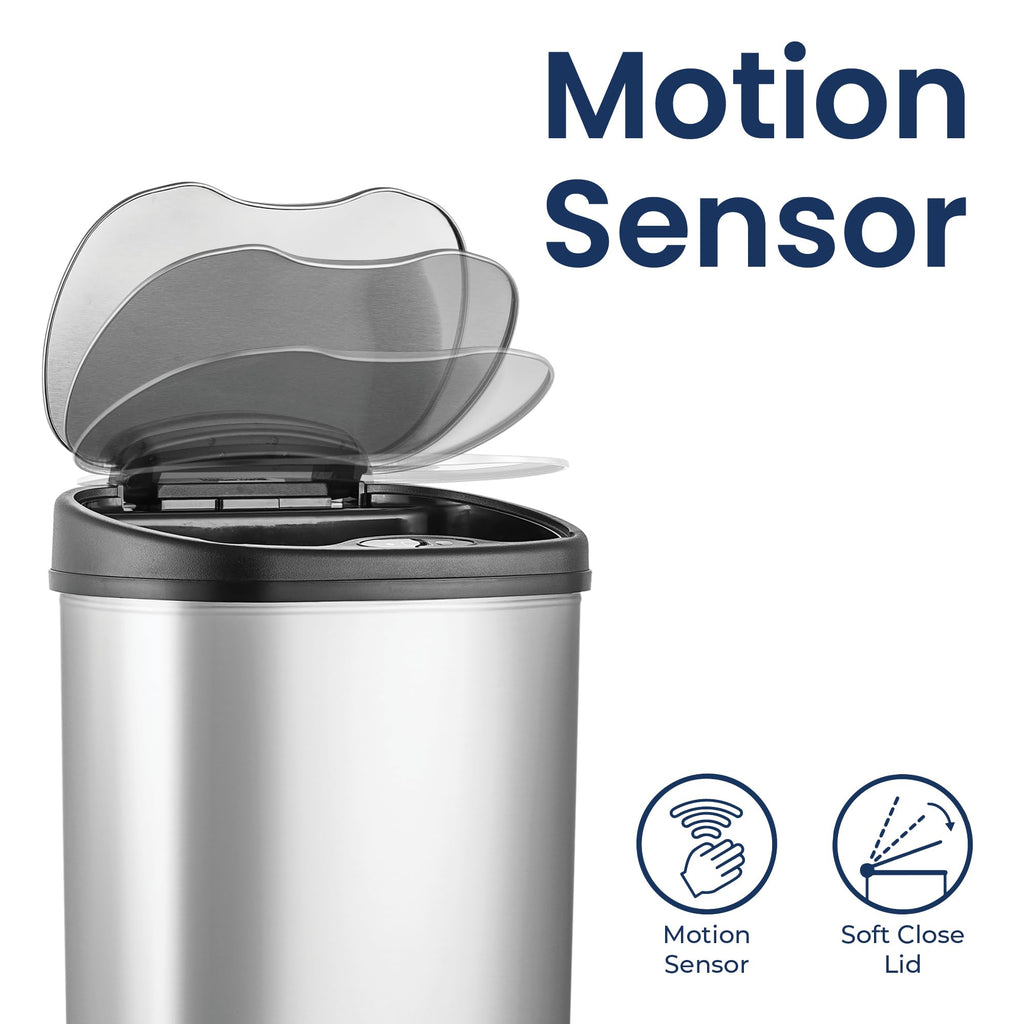 13 Gallon Oval Automatic Trash Can, 50L Touchless Motion Sensor Garbage Can with Odor-Sealing Lid & One-Touch Manual Mode, Silver Stainless Steel, Black Trim V121441
