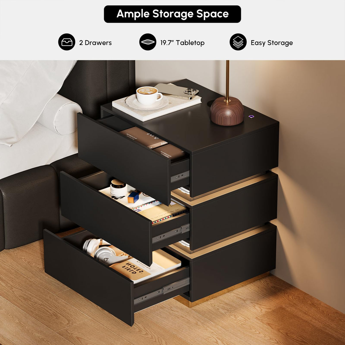 Black Set of 2 Nightstand with Wireless Charging and 3 Drawers X749465
