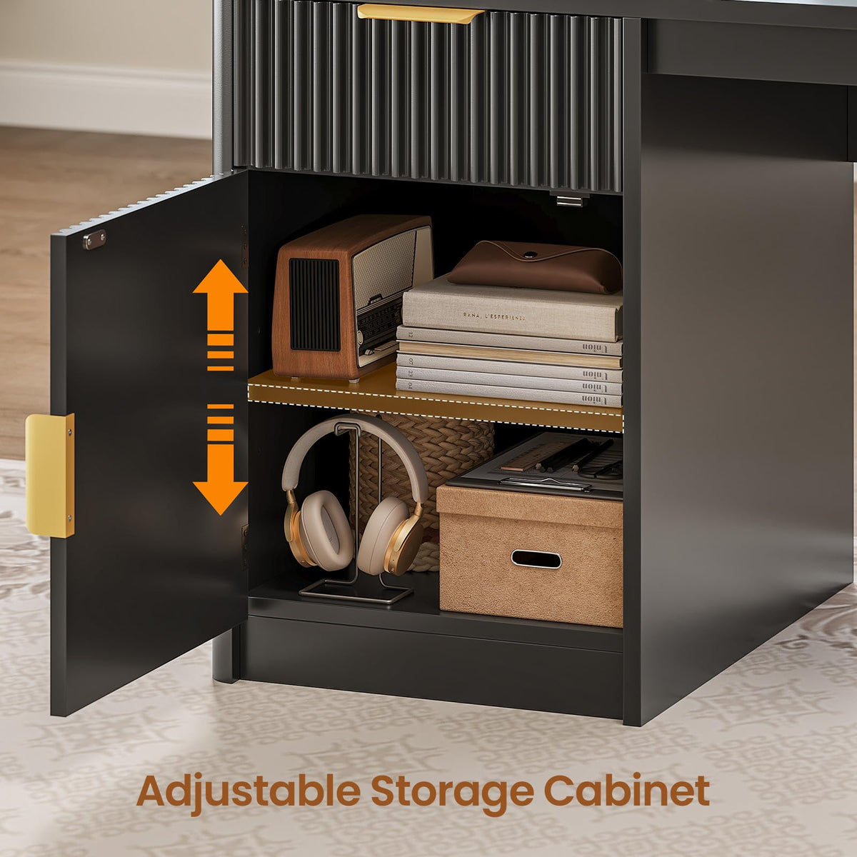 67" L Shaped Desk with Hutch and Power Outlets, Black M205374