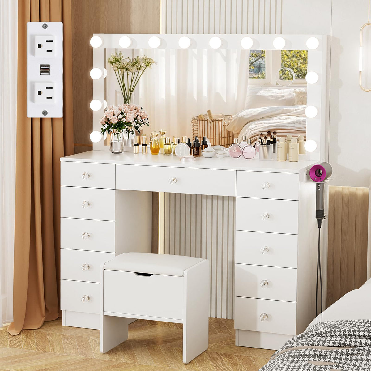 46" Vanity with Lighted Mirror and 11 Drawers R983379
