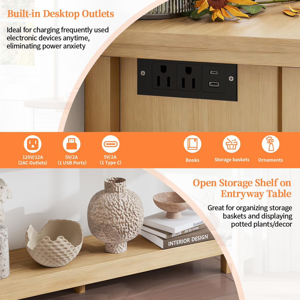 47.2" Narrow Console Table with 3 Drawers & Charging Station, Oak S7400