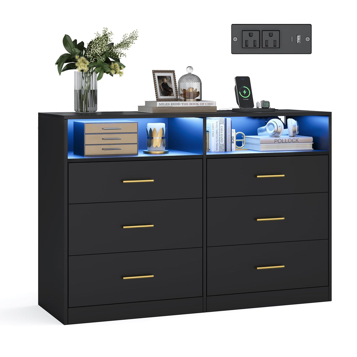6 Drawer Dresser with LED Lights and Power Strip J252