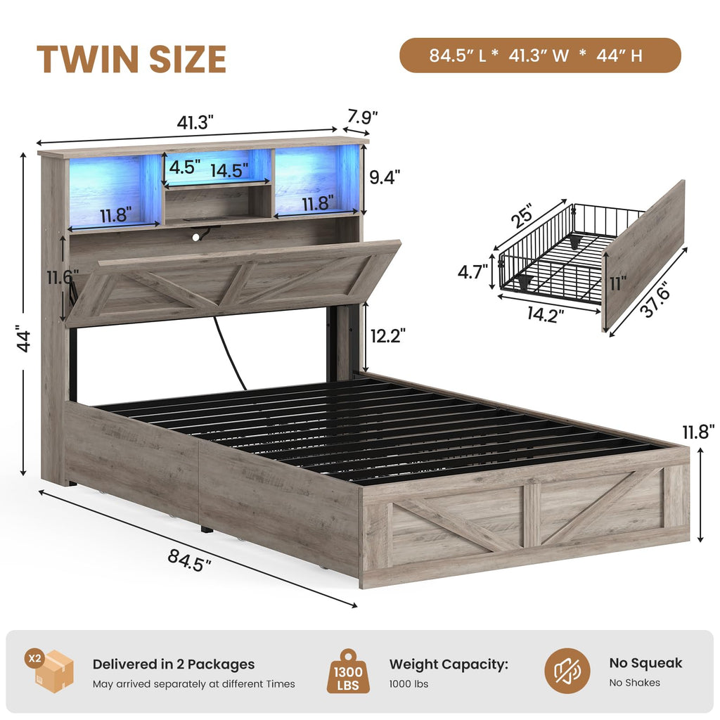 Twin Bed with Bookcase Headboard and 4 Drawers K7764