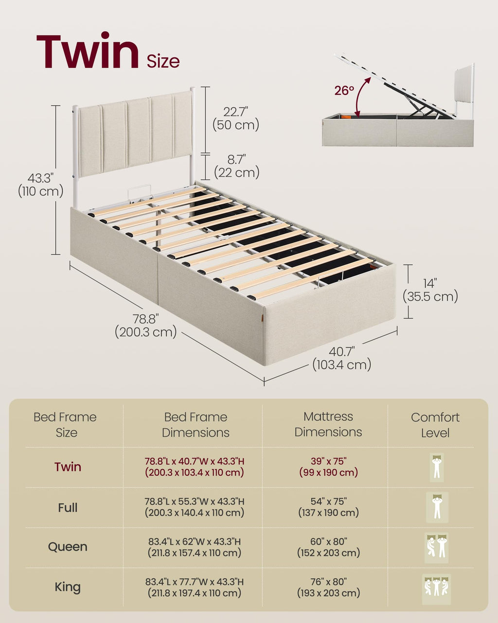 Twin Size Upholstered Lift Up Storage Bed Frame N997