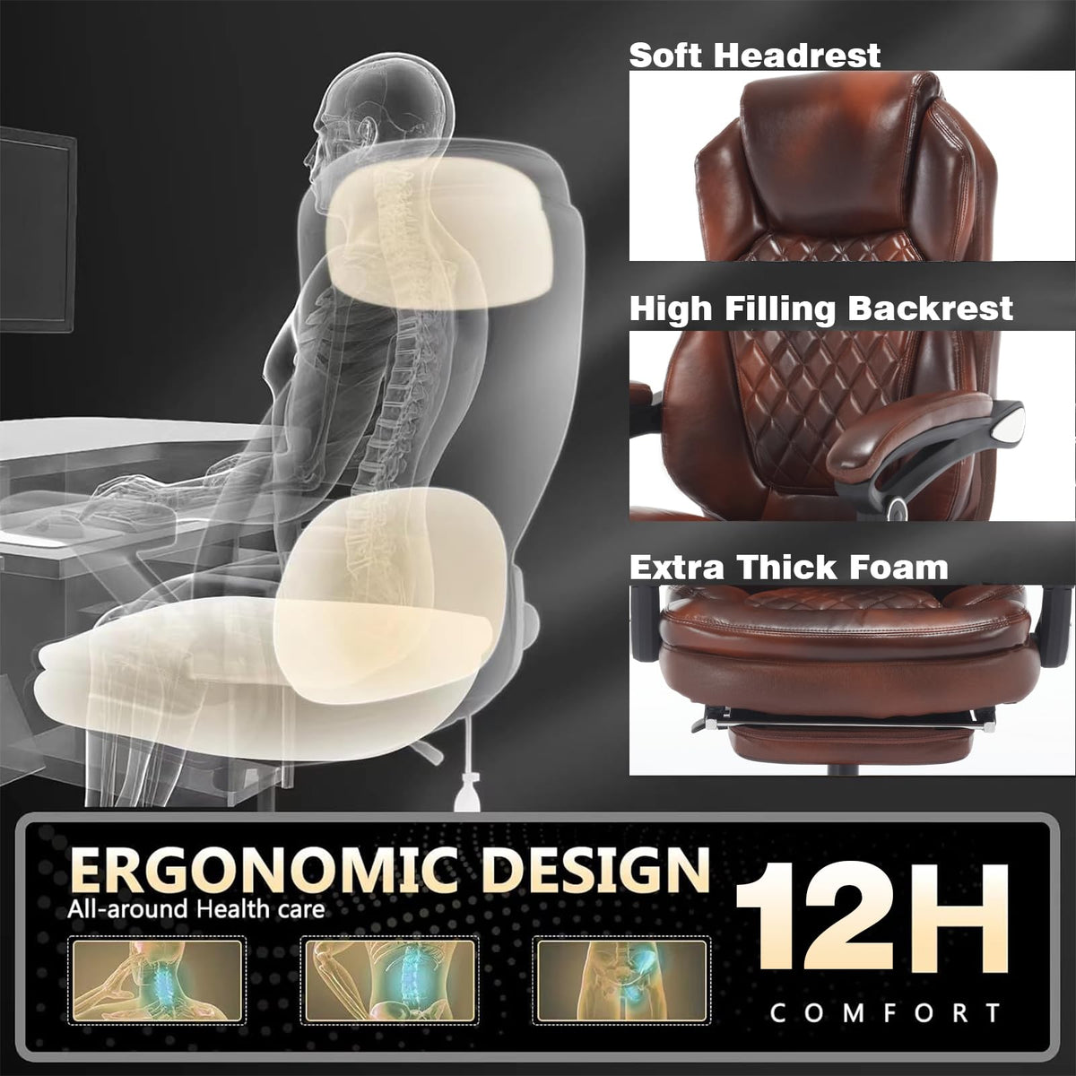 Brown Leather Reclining Office Desk Chair with Foot Rest K13890
