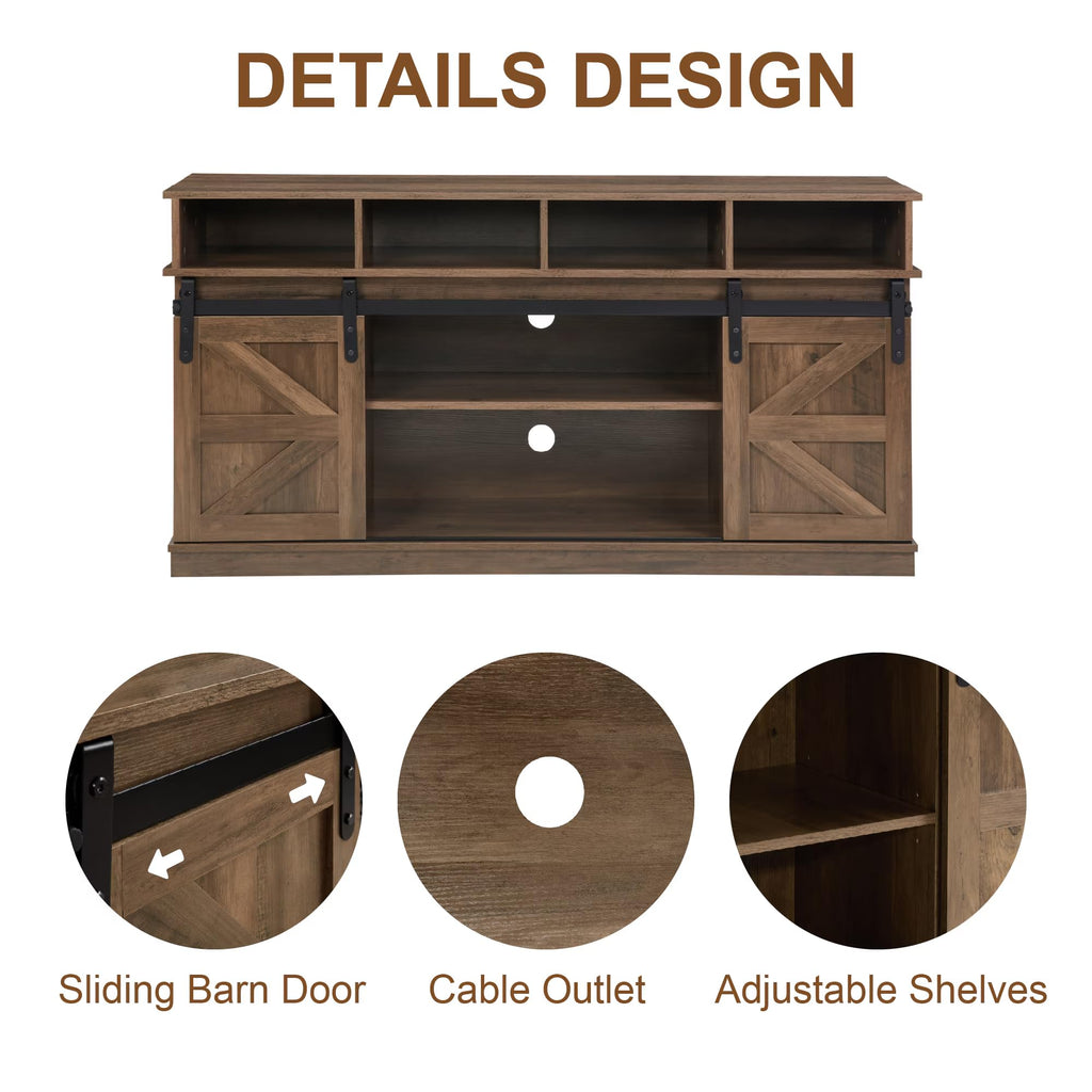 Natural Brown Wood TV Stand with Sliding Barn Door N17565