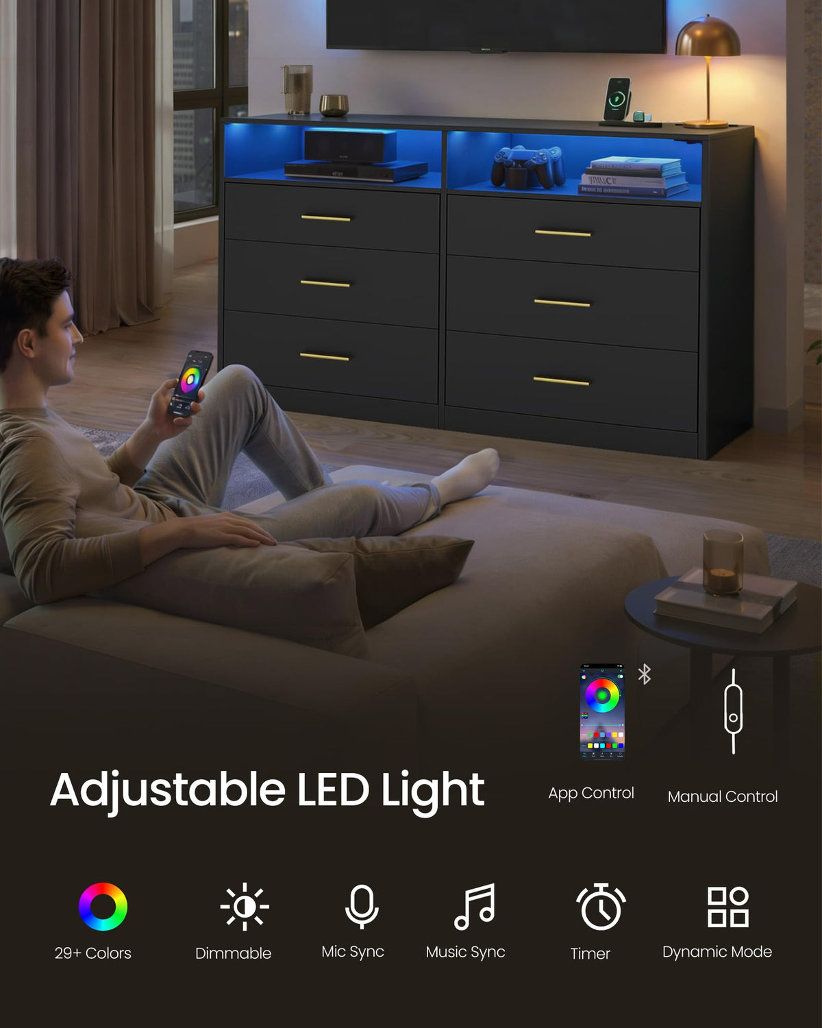 6 Drawer Dresser with LED Lights and Power Strip J252