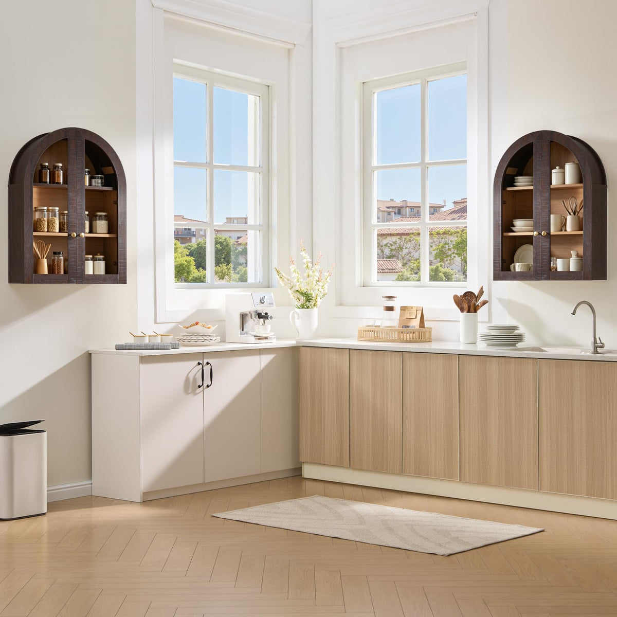 Arched Wall Cabinet with Glass Doors & Adjustable Shelves, 23.5×31.4 Inch N1744