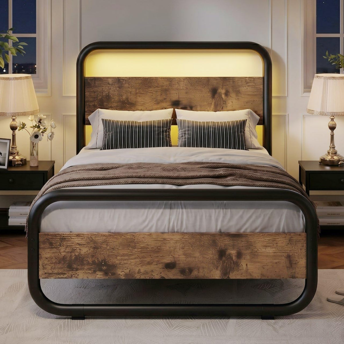 Brown Metal Platform Twin Bed Frame with Wood Headboard N342312