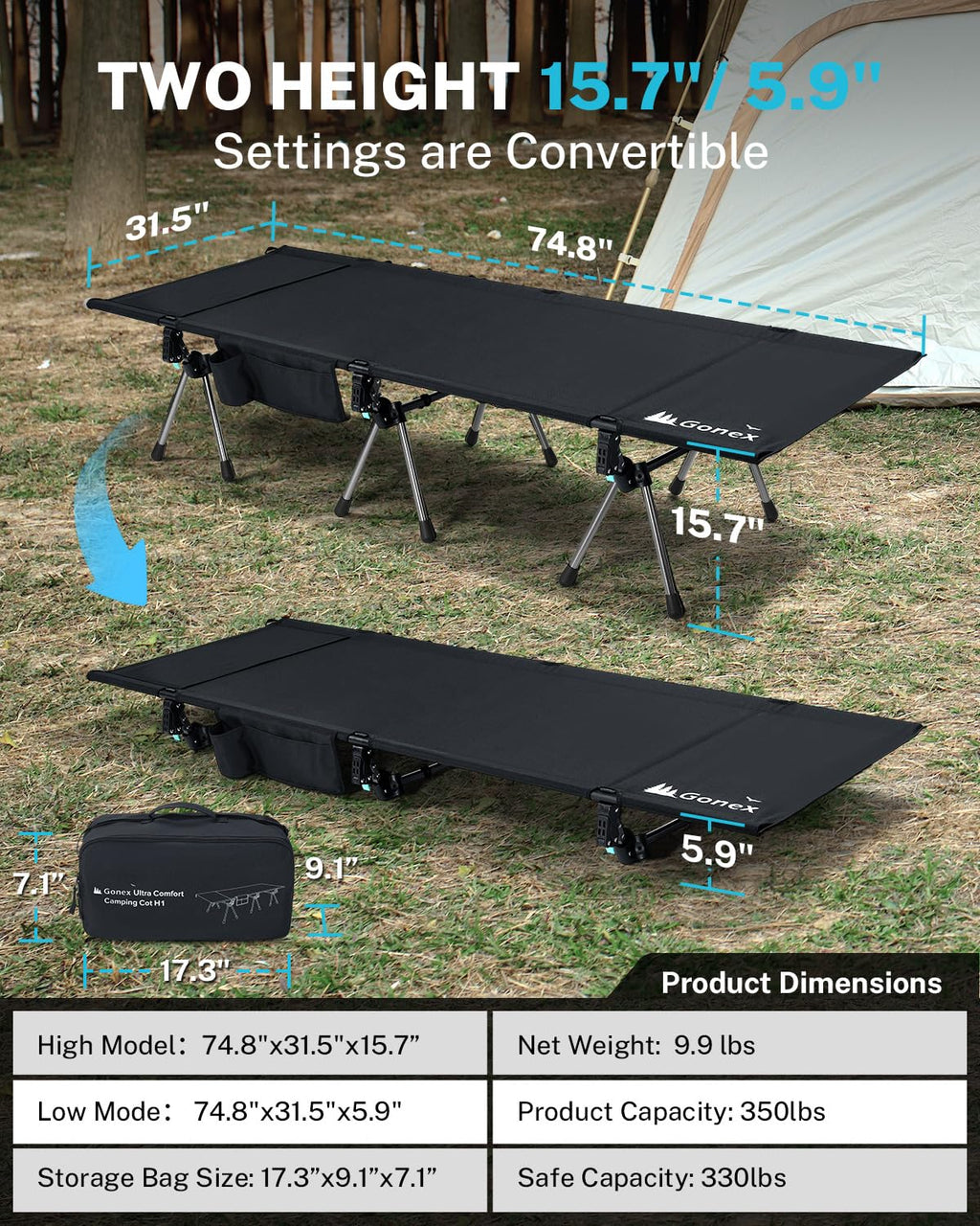 31" Adjustable Height Camping Cot R708