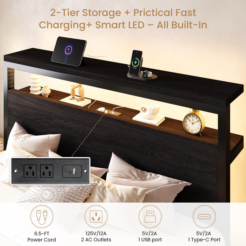Full Bed Frame with 2-Tier Storage Headboard S9433