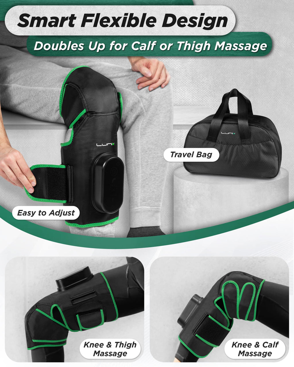 Cordless Knee Massager with Heat, Compression & Vibration, Rechargeable Wrap, Forest Green S176