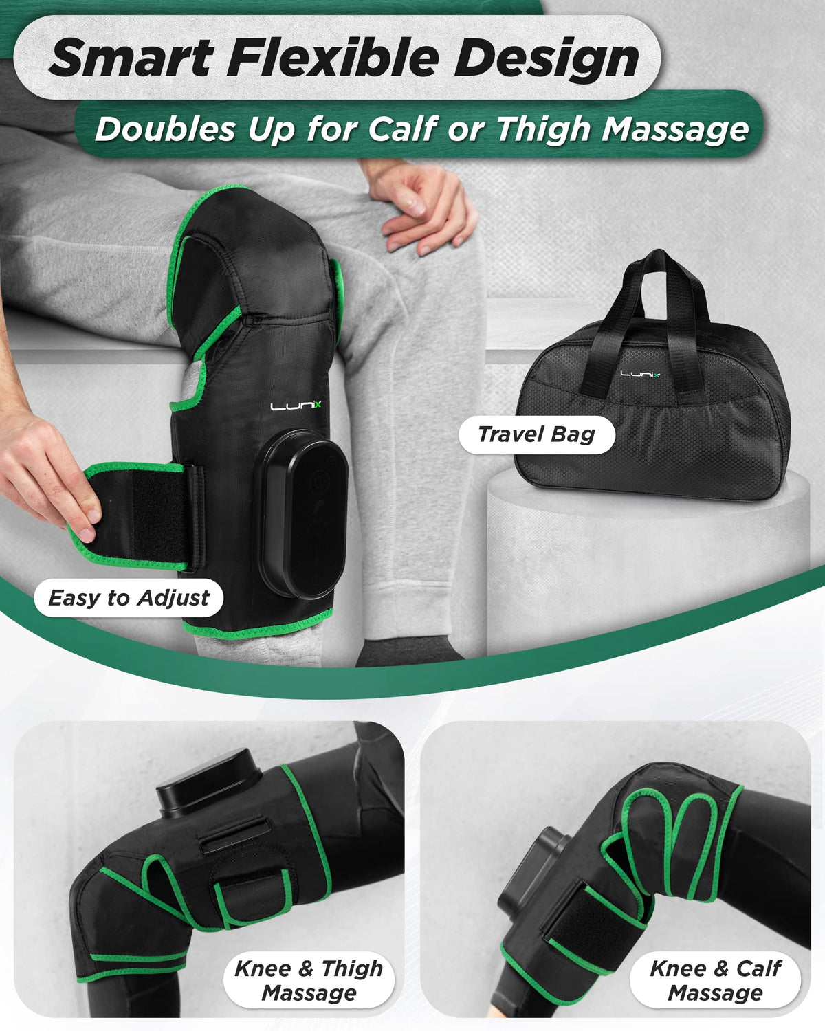 Cordless Knee Massager with Heat, Compression & Vibration, Rechargeable Wrap, Forest Green S176