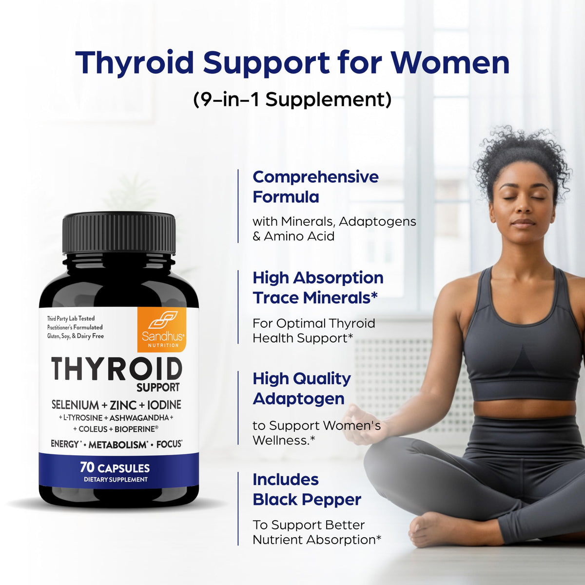 Thyroid Support with Selenium, Zinc, Iodine, L Tyrosine, Ashwagandha, 70 Count (Pack of 2) X33568