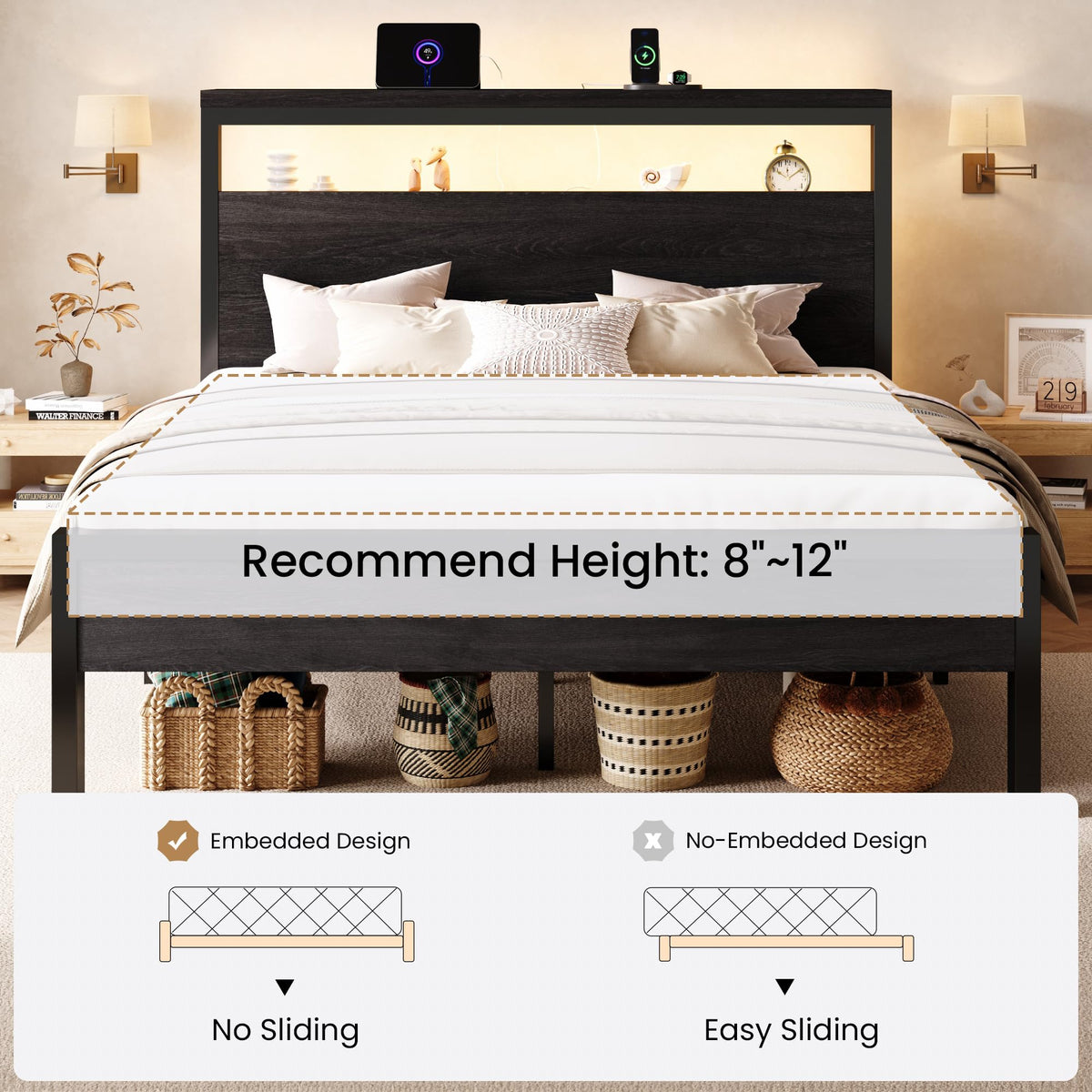Full Bed Frame with 2-Tier Storage Headboard S9433