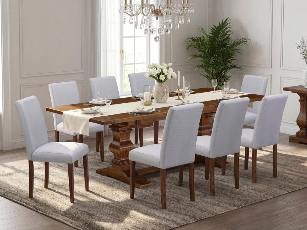 9 Piece Walnut Dining Table Set with 8 Grey Linen Chairs I600