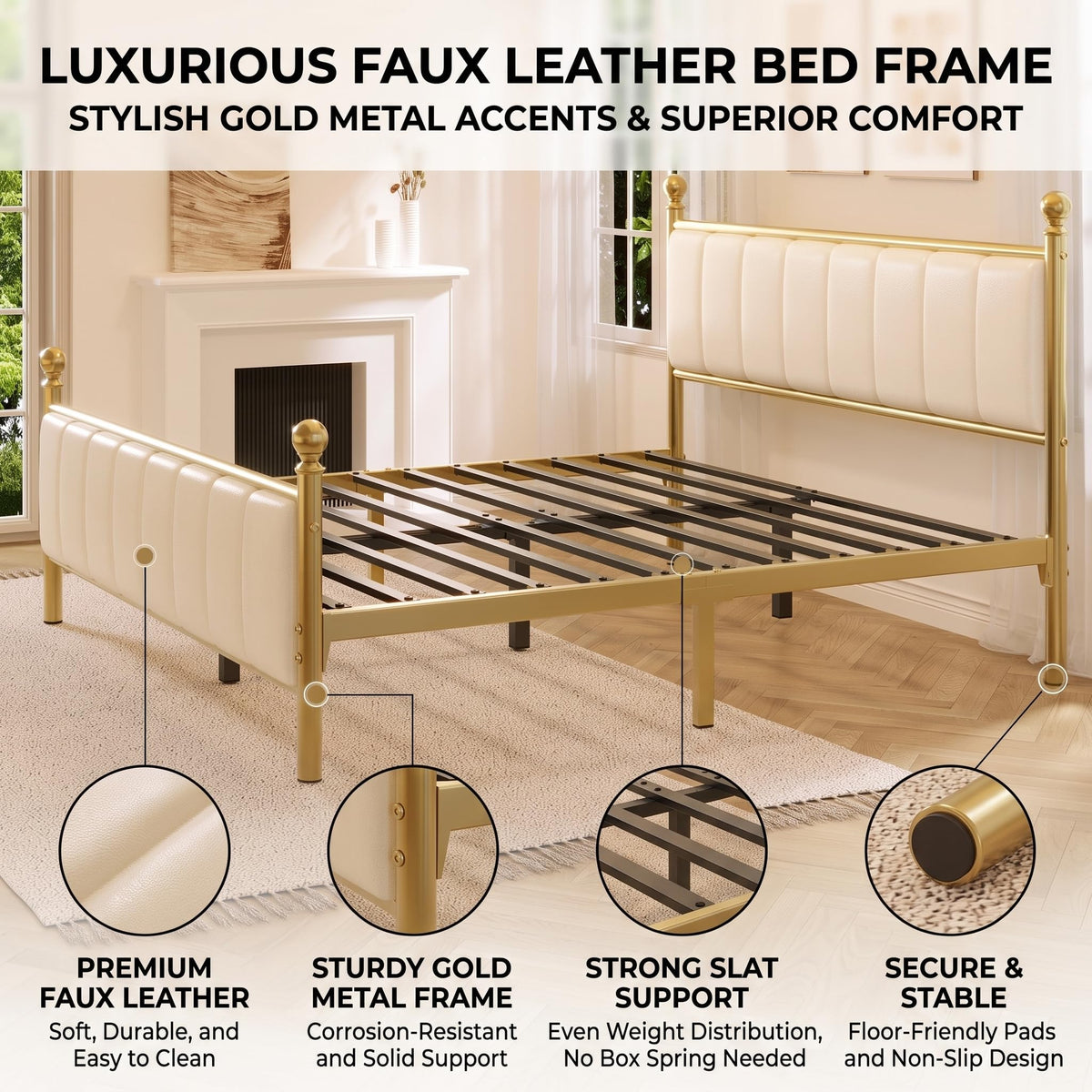 Gold Full Size Bed Frame with Headboard and Under Bed Storage E141