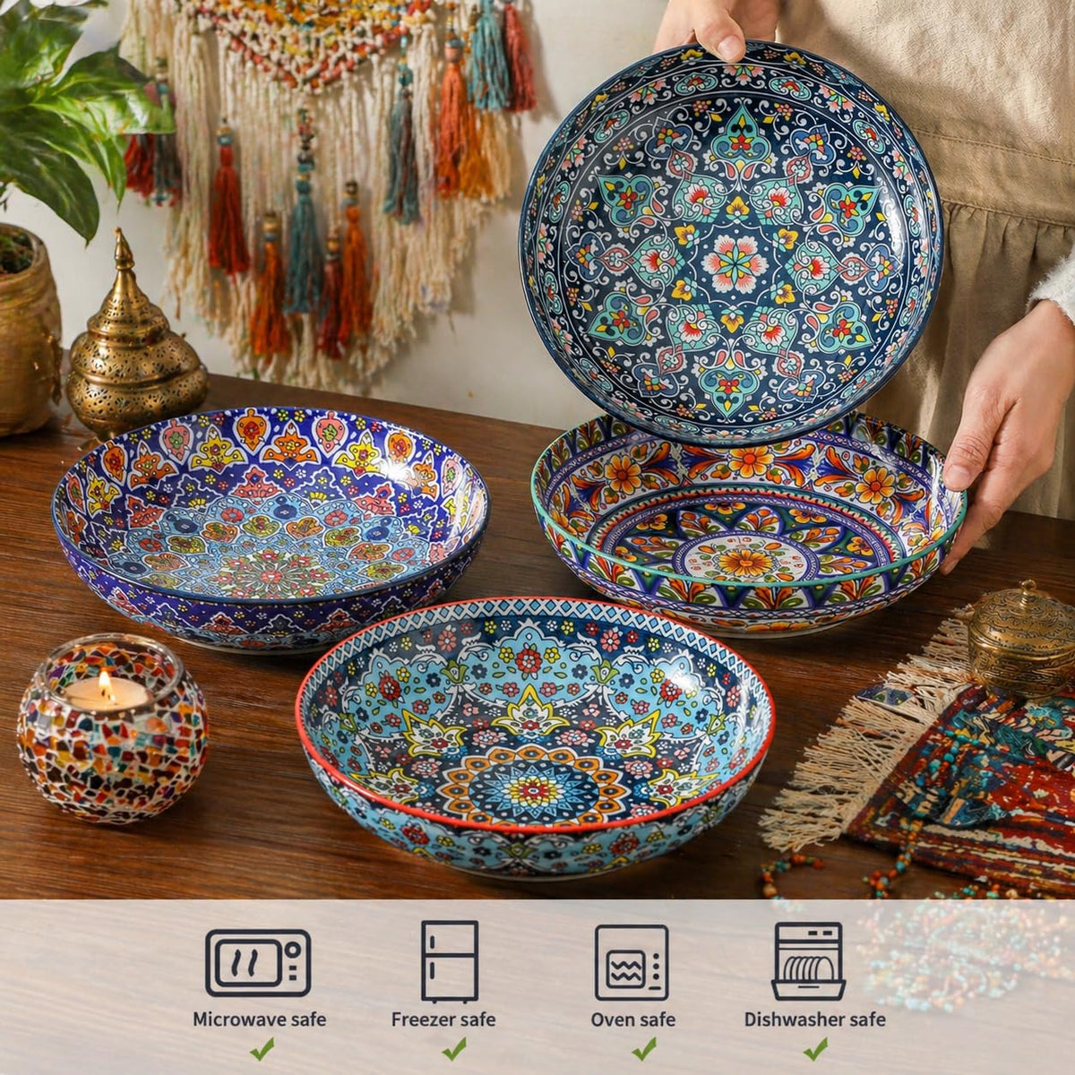 Pasta Bowls Set of 4, 42 oz Ceramic Serving Bowls T651