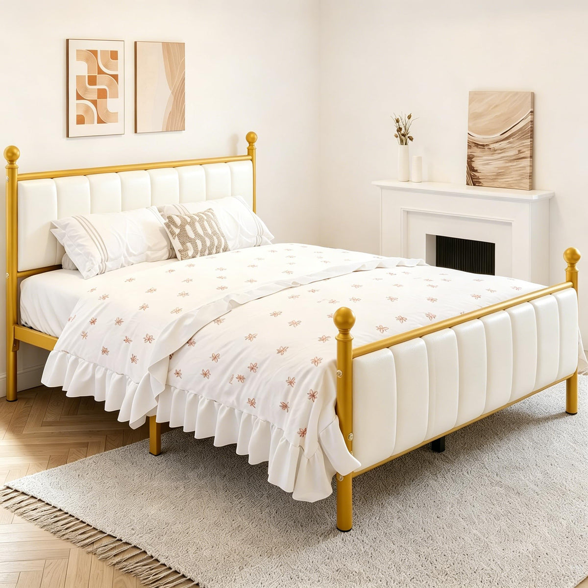 Gold Full Size Bed Frame with Headboard and Under Bed Storage E141