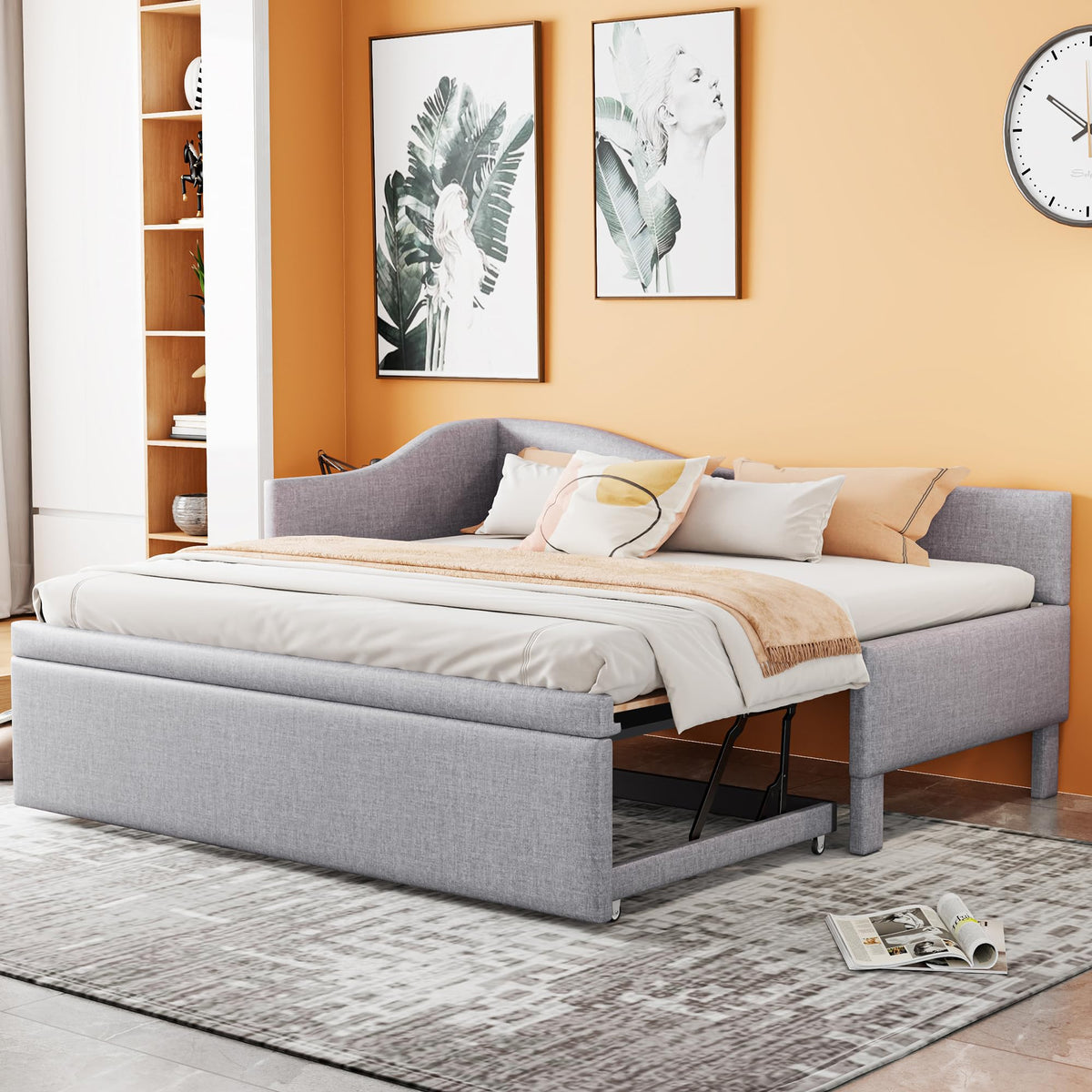 Twin Size Linen Upholstered Daybed with Pop up Trundle B9335