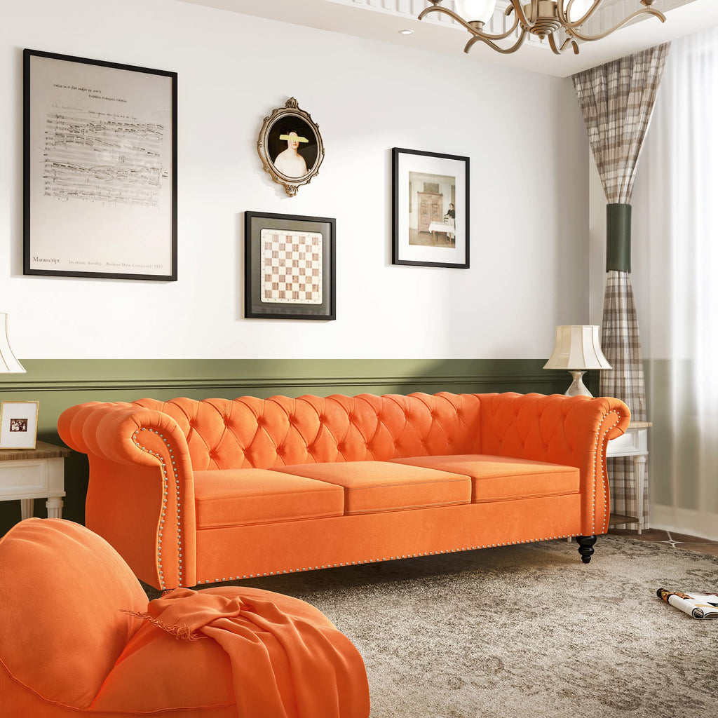 Velvet 3 Seater Tufted Sofa with Rolled Arms Y616140